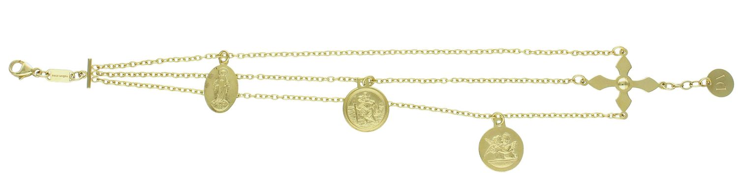 Bransoletka złota z medalikami pr 585, DIA-BRA-D5Z02220 MOD Złota bransoletka damska celebrytka ozdobiona z trzema wiszącymi medalikami i krzyżem. Ponadczasowa, klasyczna biżuteria, w której harmonijne1.jpg